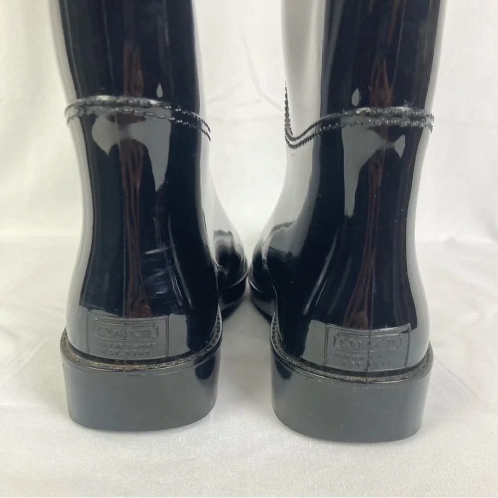 Coach Tasha Signature Gold Buckle Rain Boots Size 7 Patent Black Tall EUC - Picture 6 of 12